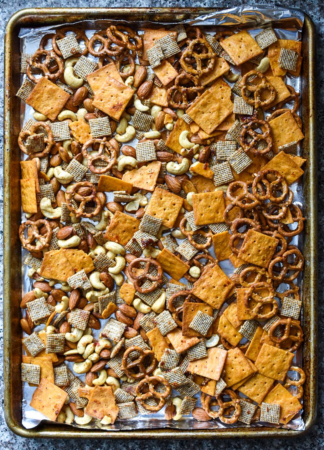 sheet pan of snack mix