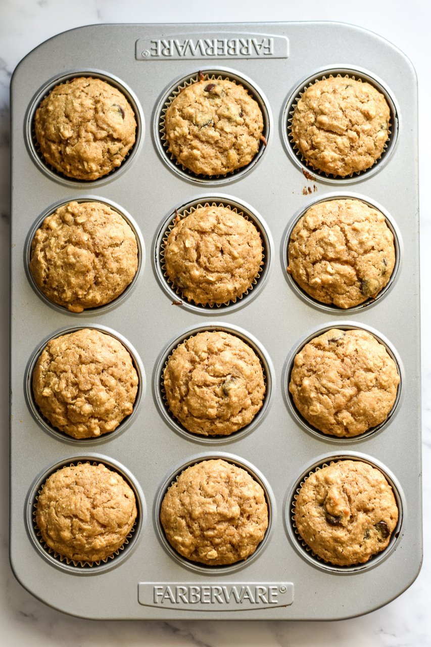 muffin tin full of peanut butter banana oatmeal muffins