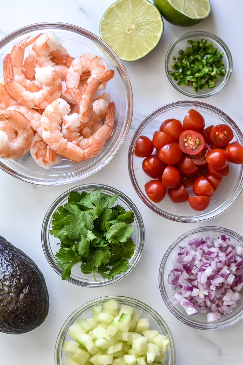 ingredients for shrimp ceviche with avocado