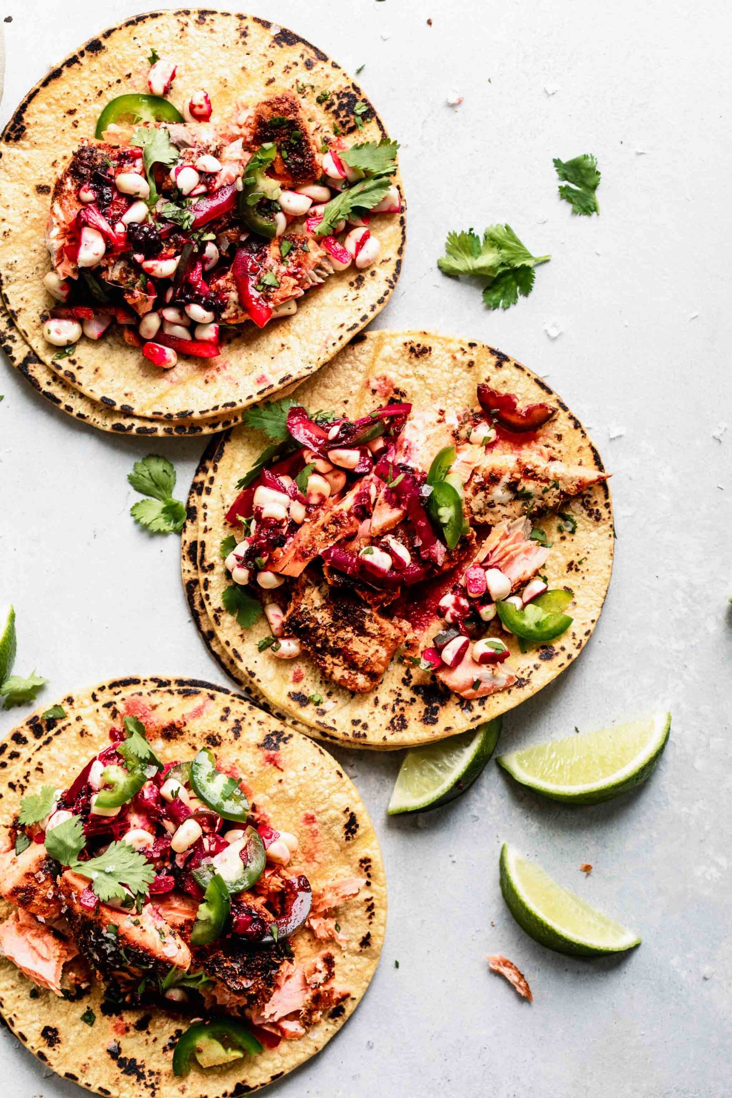 salmon tacos with blackberry corn relish