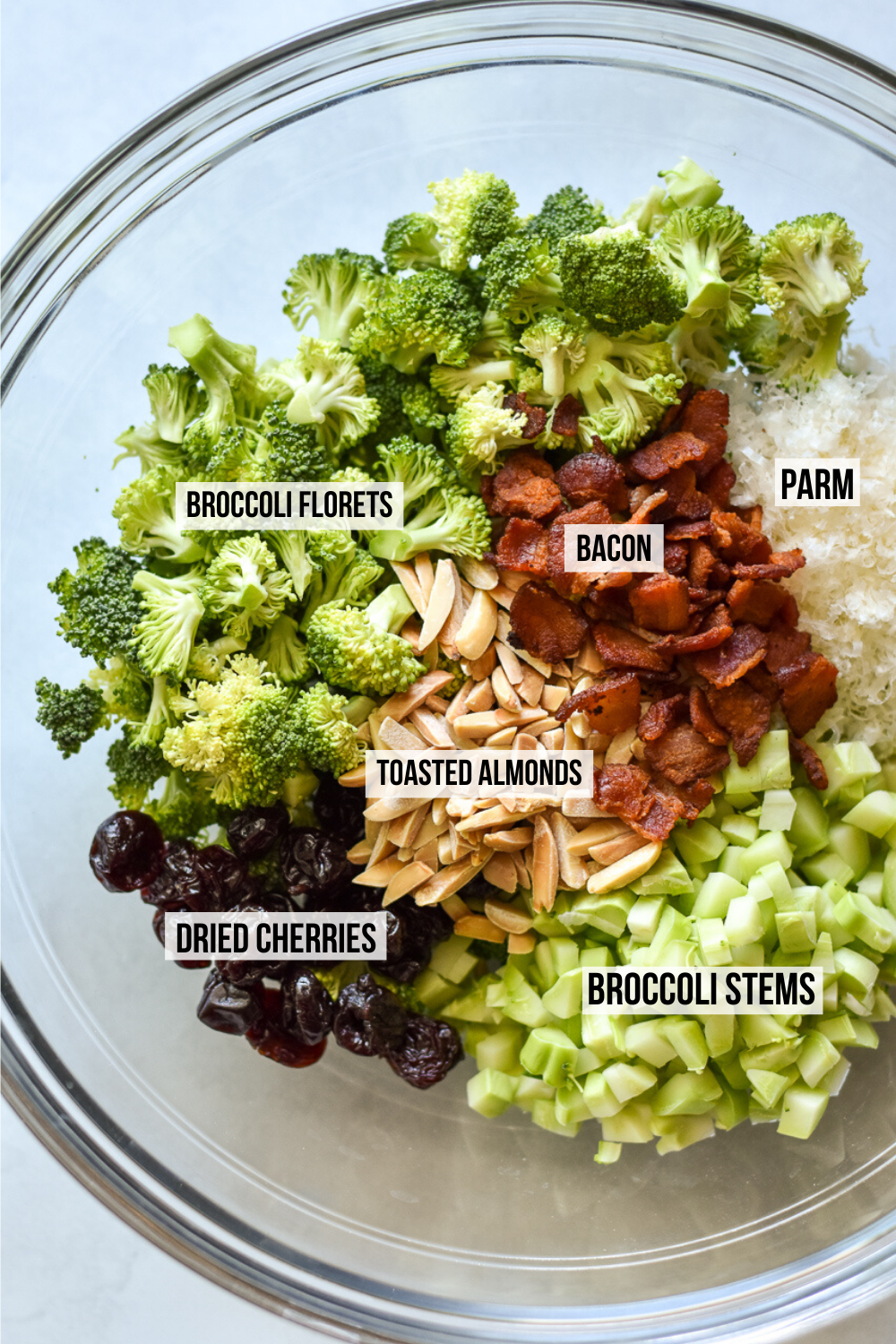 ingredients for broccoli crunch salad with labels