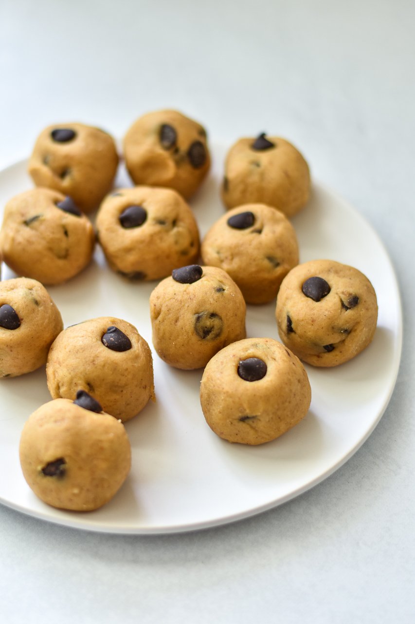 vegan chickpea cookie dough bites on a white plate