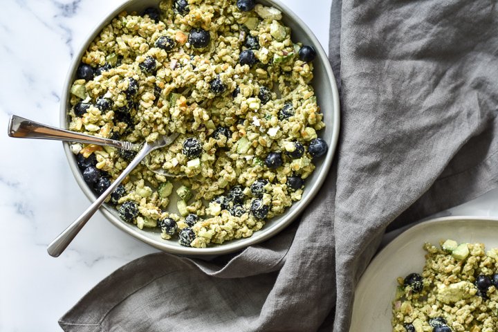 farro salad in a serving dish with silverware