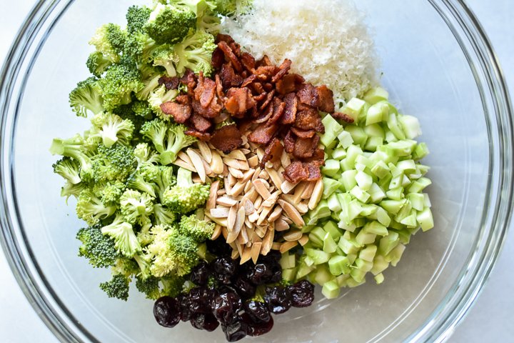 ingredients for broccoli crunch salad in a bowl