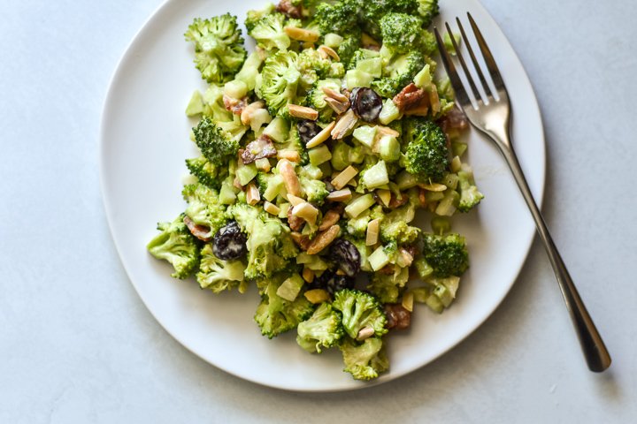 broccoli crunch salad on a plate with a fork