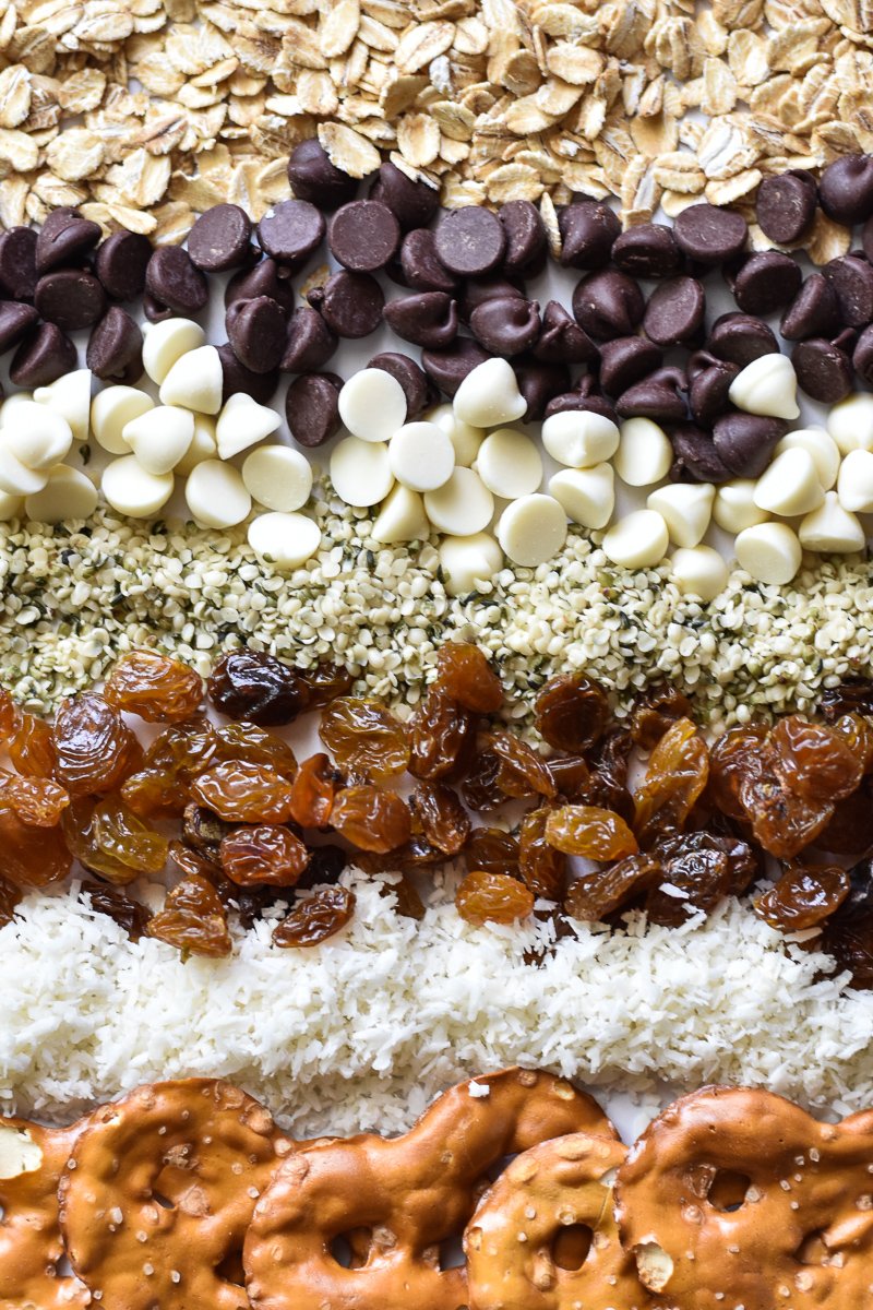 ingredients for loaded oatmeal cookie energy bites separated in lines