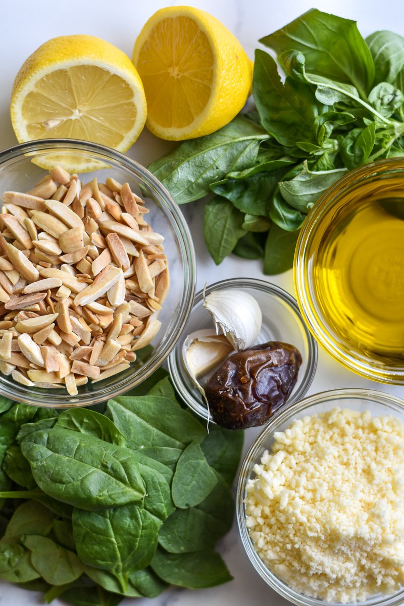 ingredients for spinach almond pesto