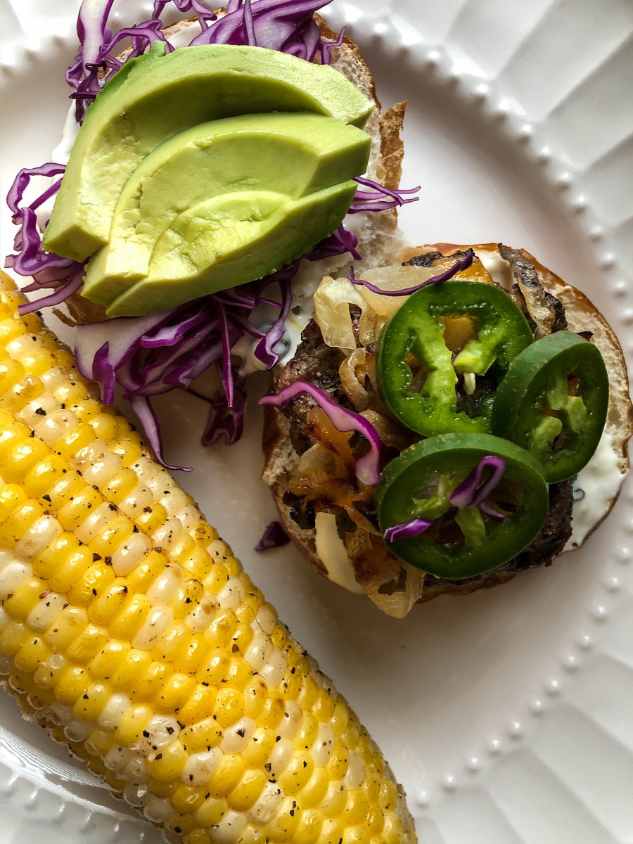 plant-forward burger toppings and corn on the cob