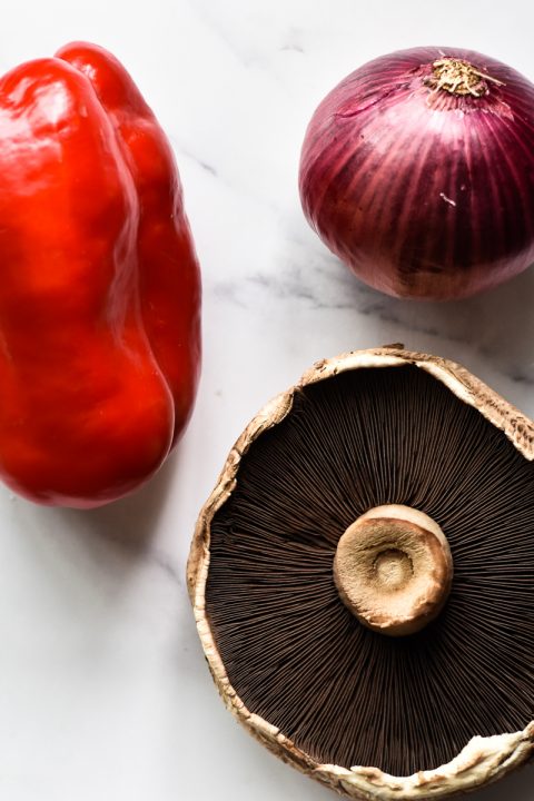 portobello mushroom cap, bell pepper and red onion