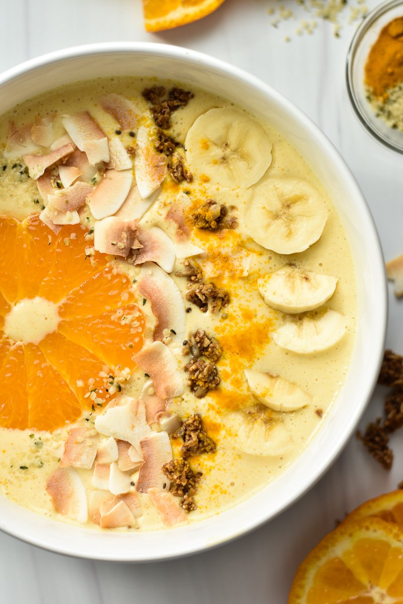 closeup of an orange smoothie bowl