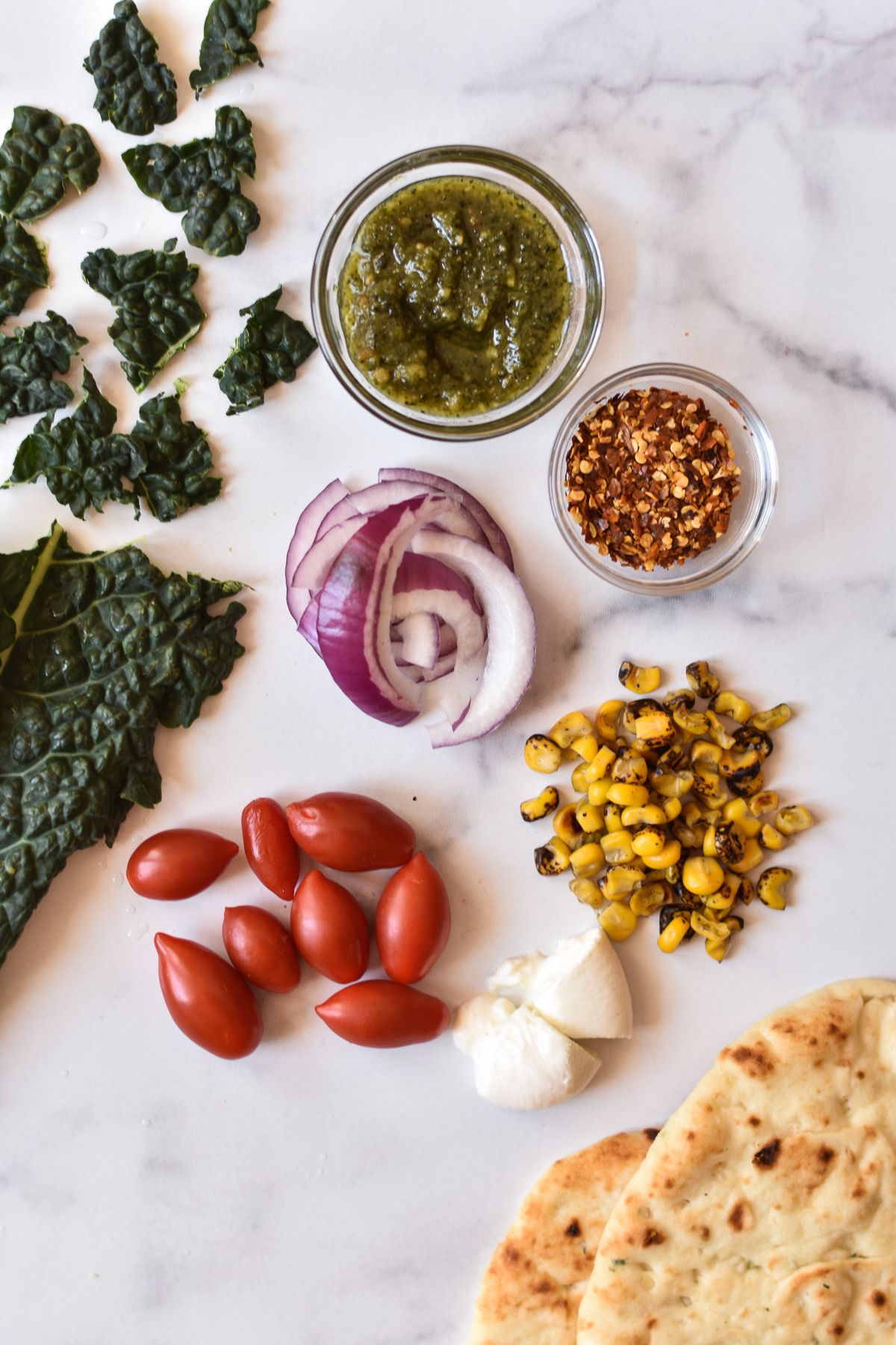 ingredients for burrata and summer vegetable pizza