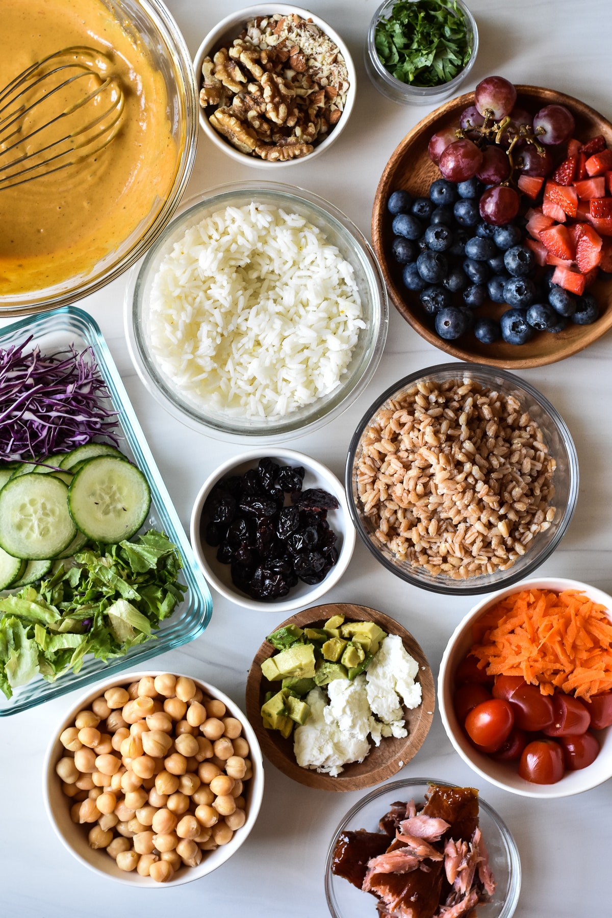 ingredients for nourish bowls in separate bowls