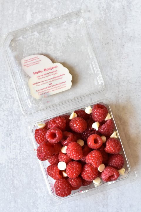 pint of raspberries with white chocolate chips