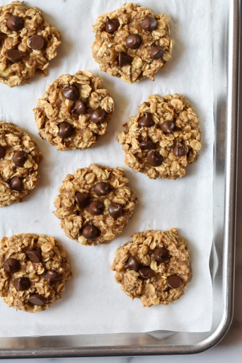 4 ingredient oatmeal cookies with chocolate chips on a cookie sheet