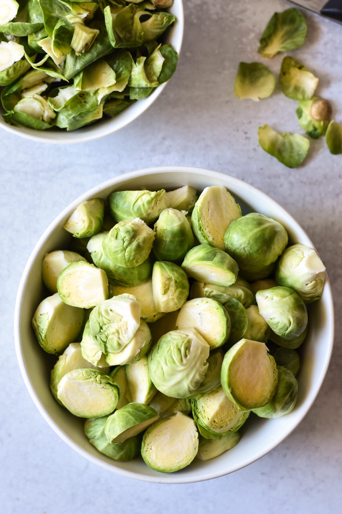 bowl of prepped brussels sprouts