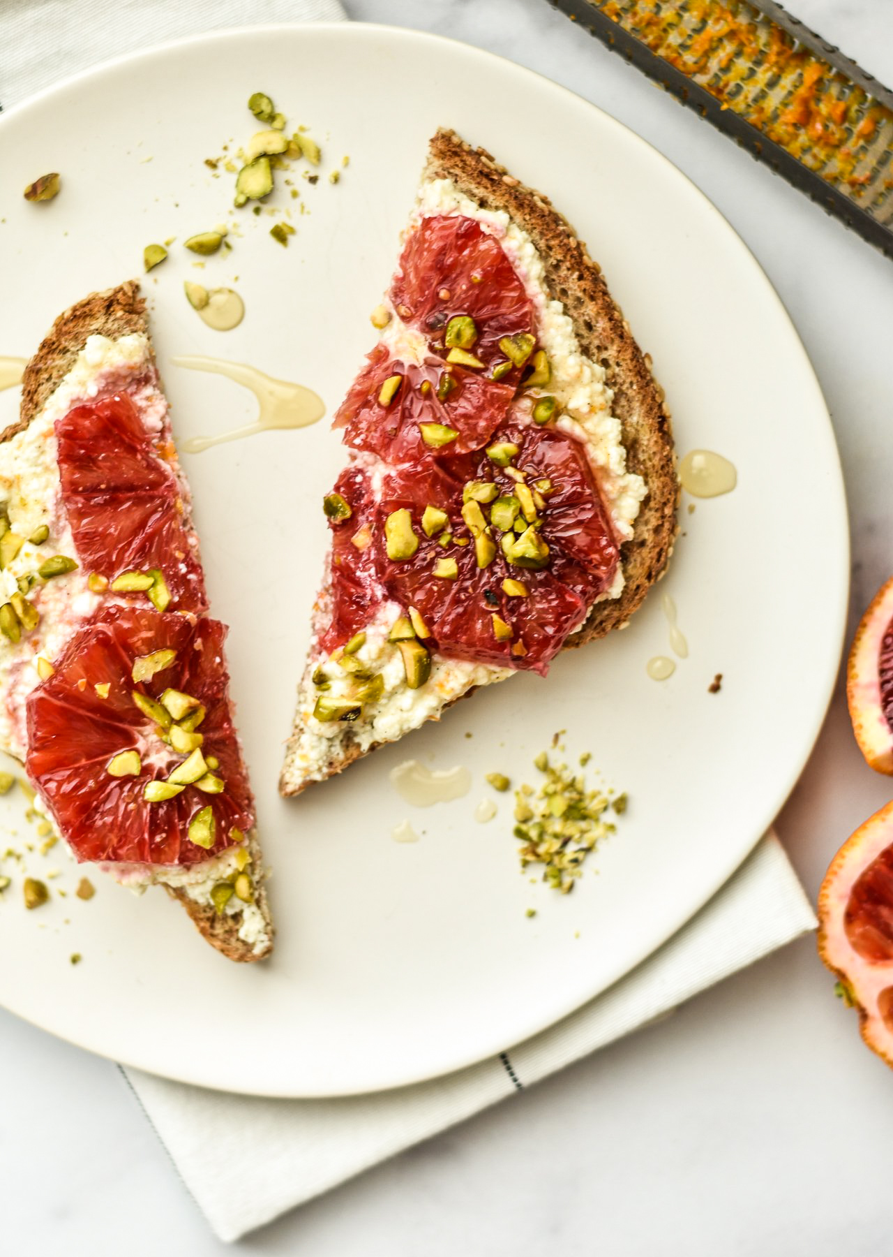 ricotta toast with blood oranges and pistachios