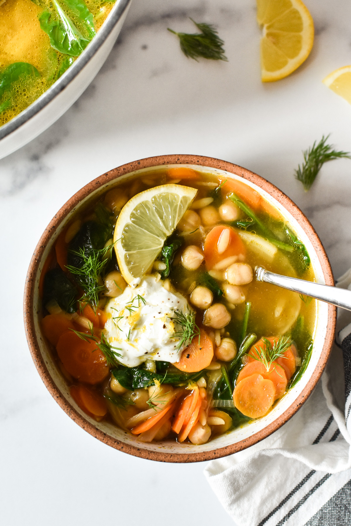 vegetable orzo soup in a bowl