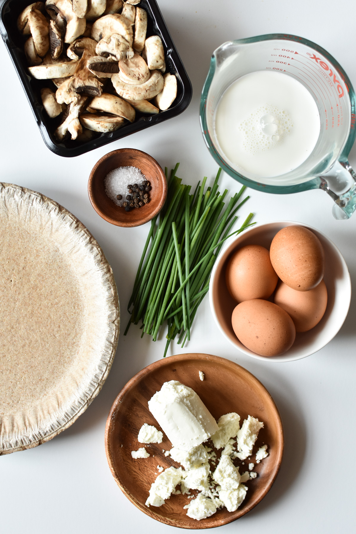 ingredients for a mushroom chive quiche