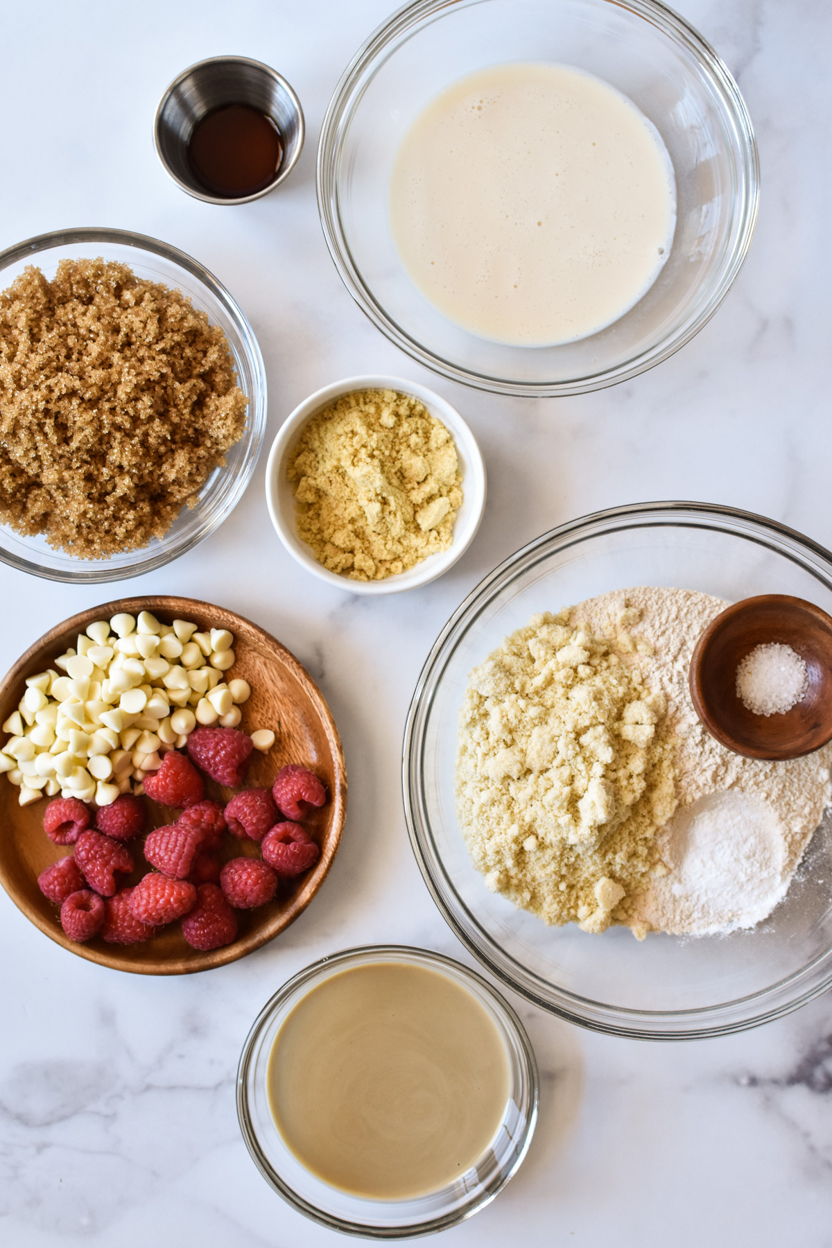 ingredients for white chocolate and raspberry blondies in separate bowls