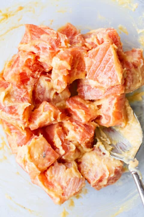 salmon chunks mixed with miso butter