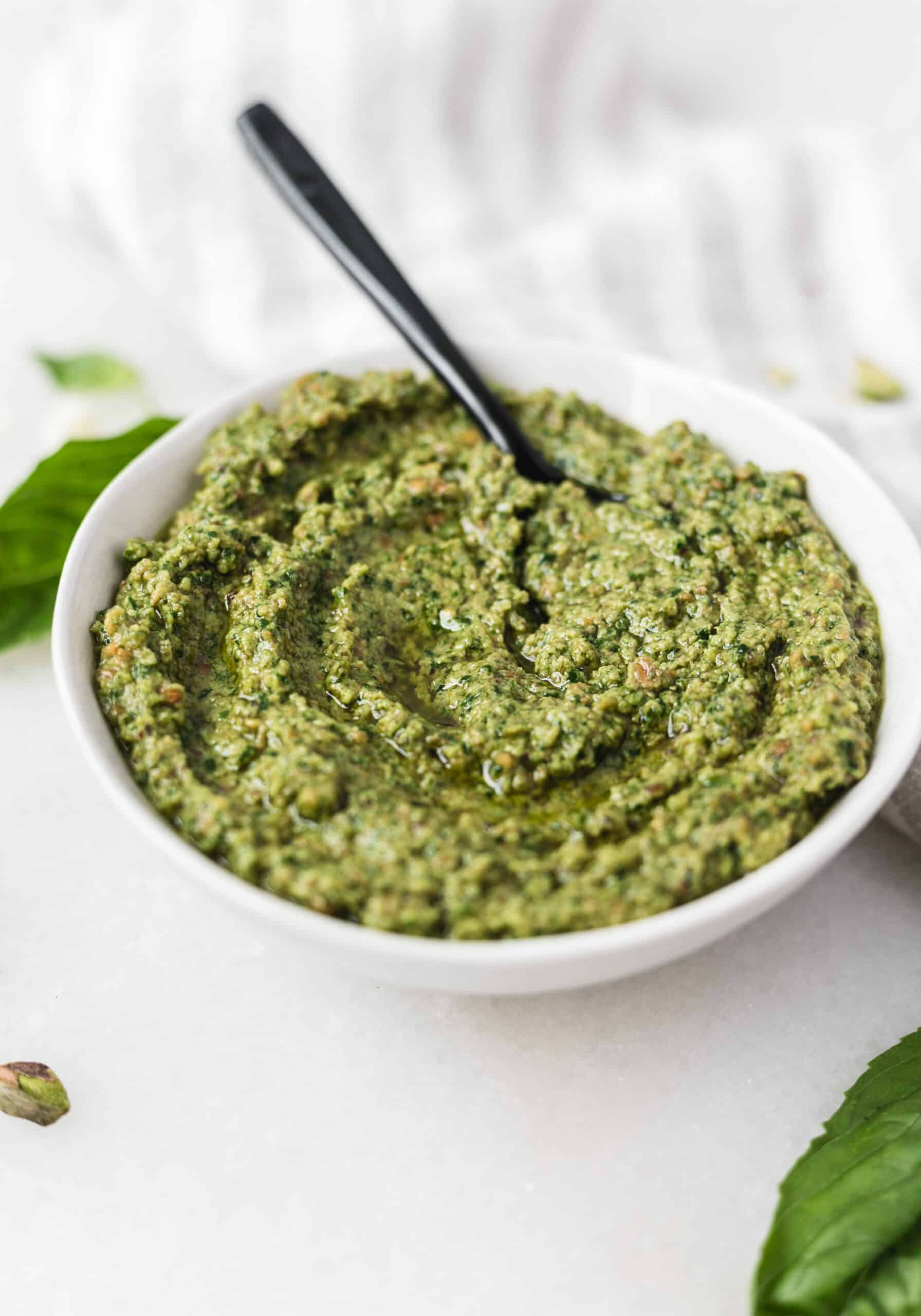 bowl of pesto closeup