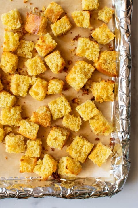 cornbread croutons on a sheet pan