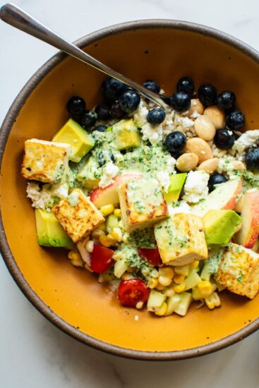 summer glow bowl with basil sauce