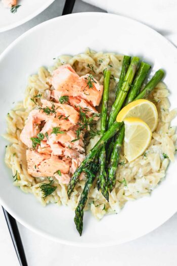 Creamy Lemon Parmesan Orzo with Salmon and Asparagus