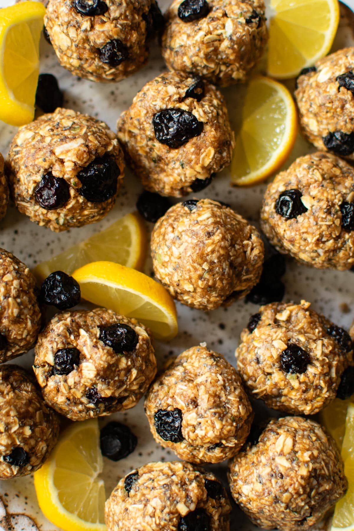 closeup of Blueberry Lemon No-Bake Oat Bites