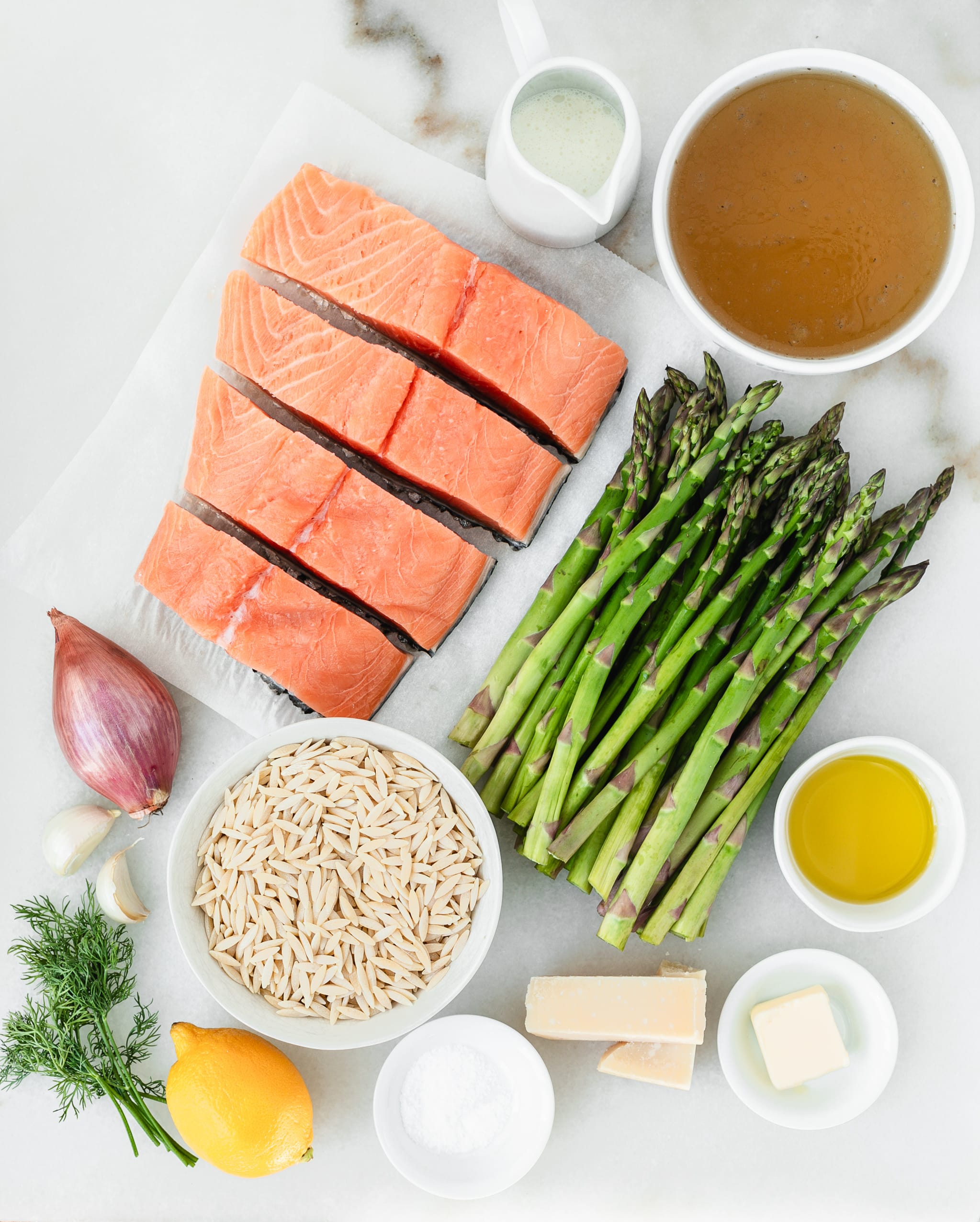salmon, asparagus, orzo, shallot, lemon, dill, garlic, parmesan