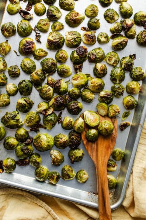 roasted brussels sprouts on a sheet pan