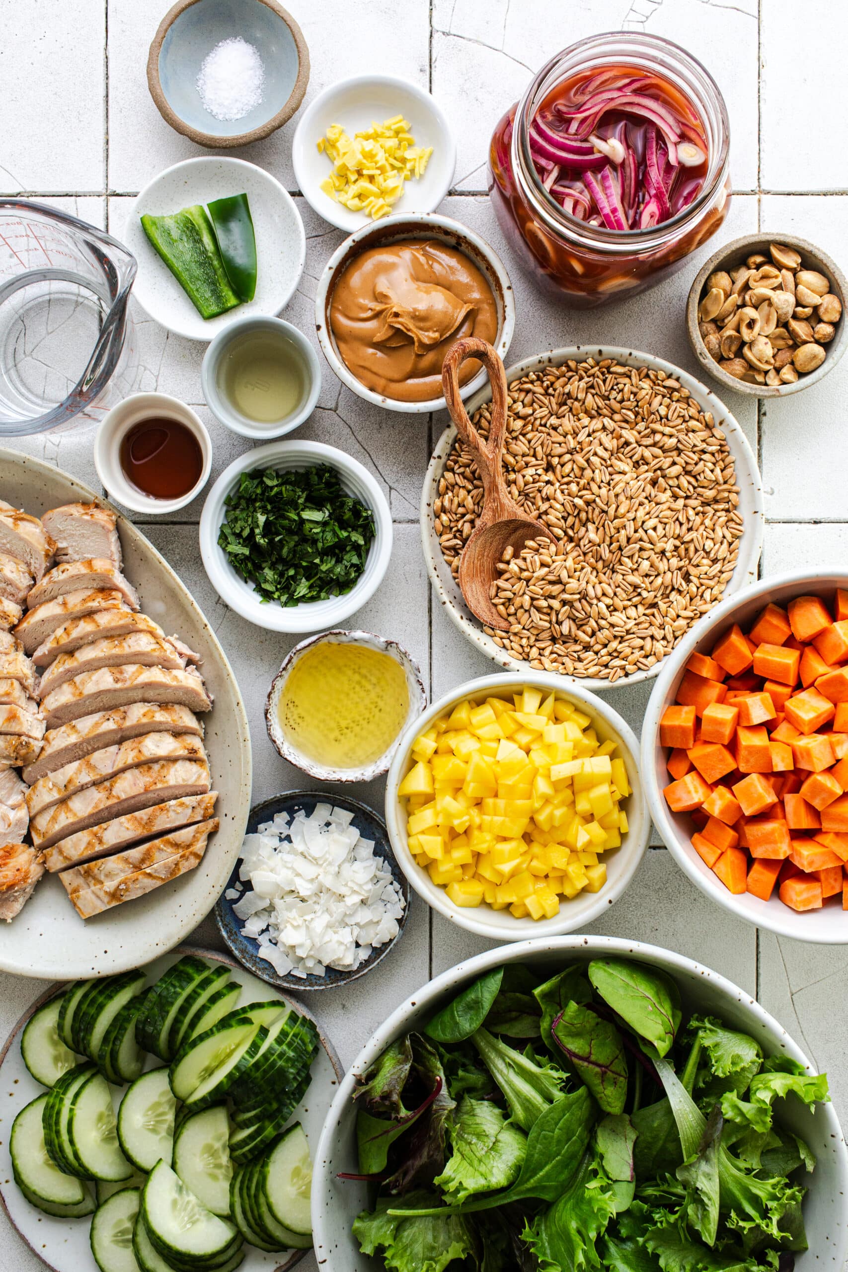 ingredients for chicken and sweet potato protein bowls