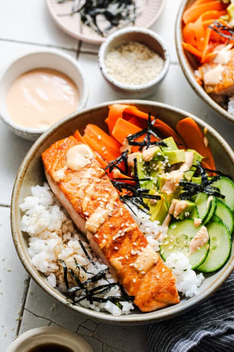 Crispy Salmon Roll Bowls