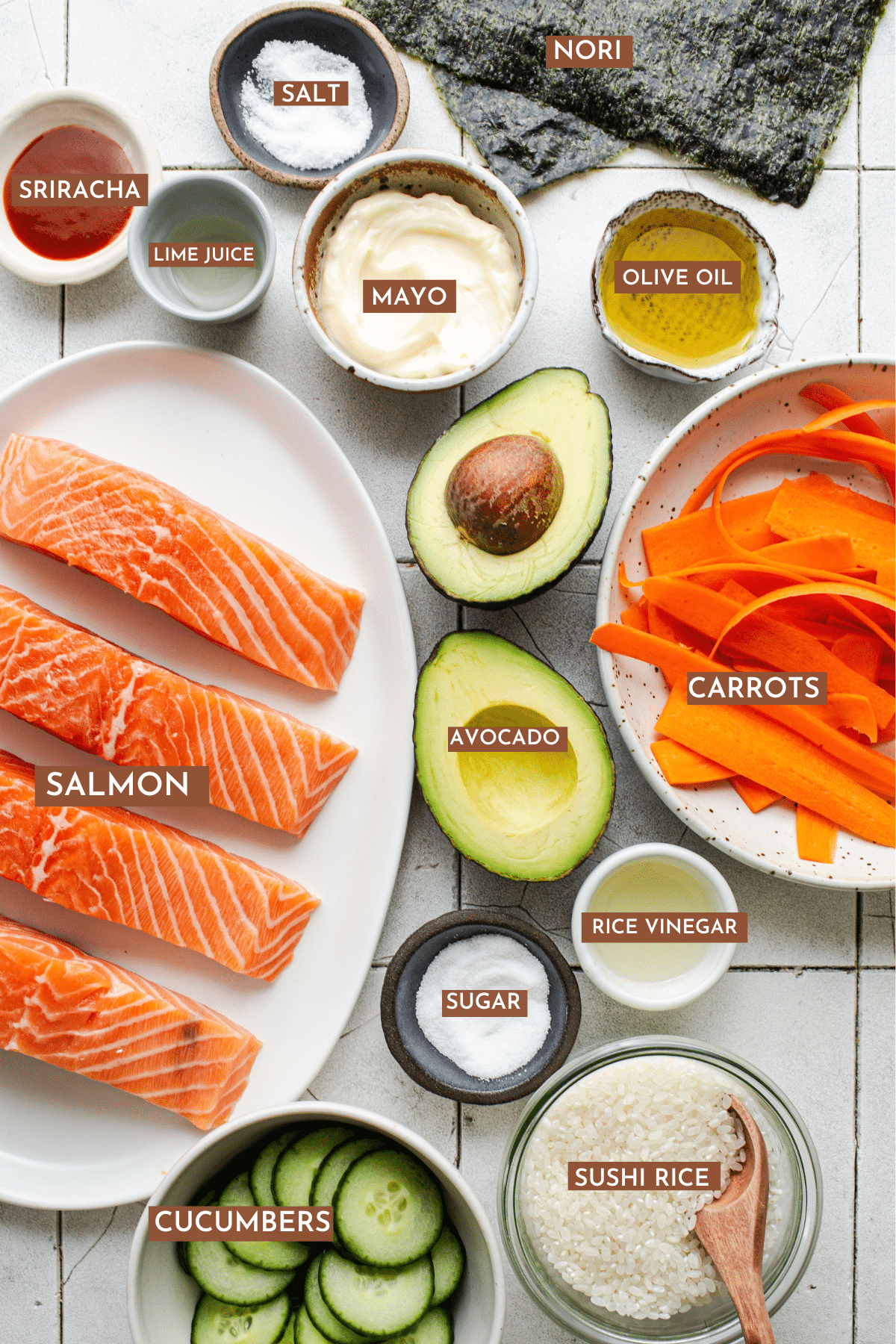 ingredients for crispy salmon roll bowls
