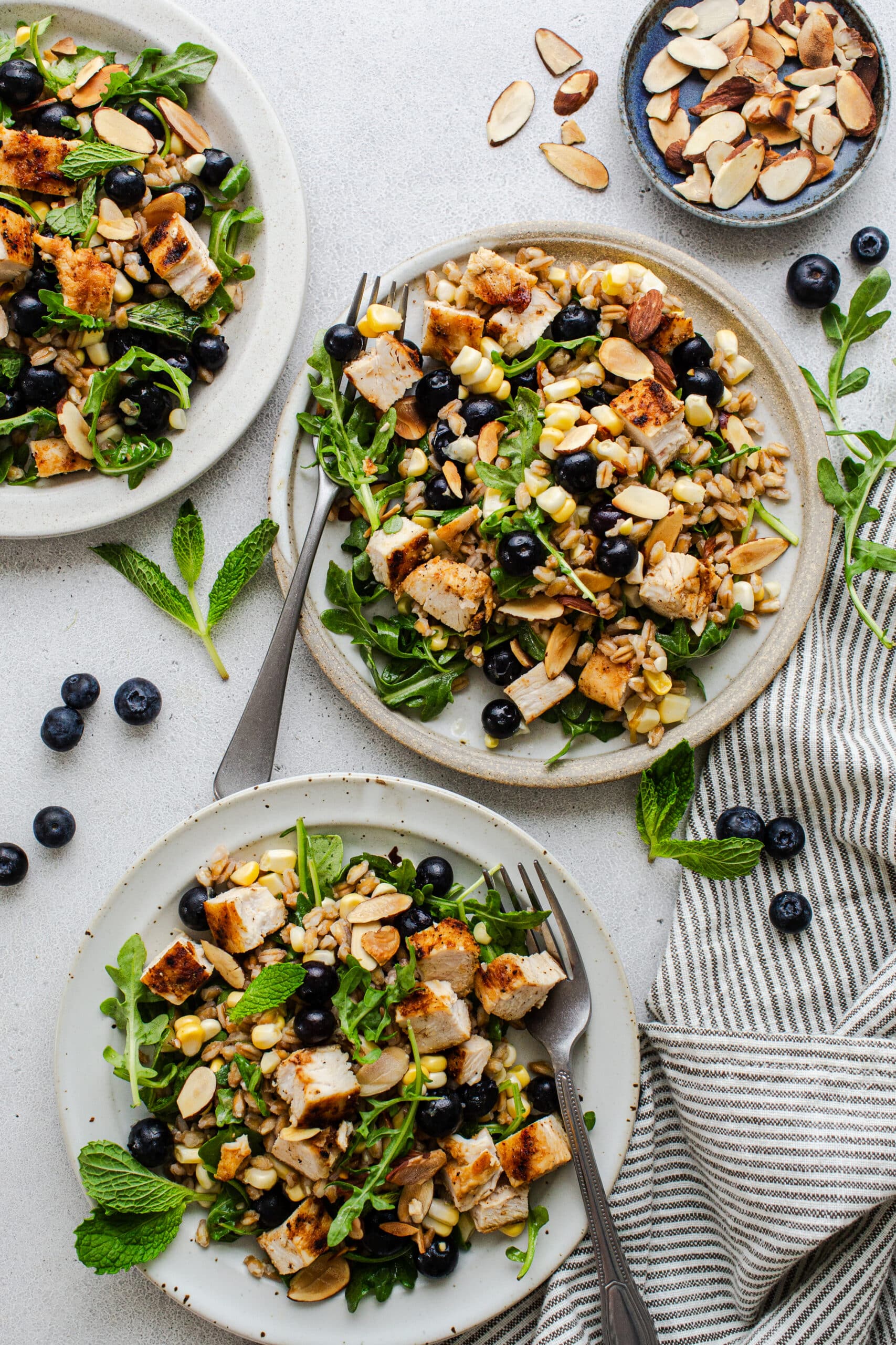 two plates of a farro salad with blueberries, corn, arugula, mint and grilled chicken